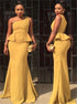 Mermaid One Shoulder Long Yellow Satin Ruffles Prom Dress LBQ3343
